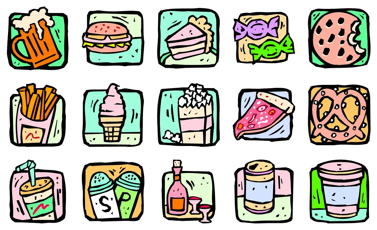 맥주-햄버거-감자튀김-아이스크림-빵-피자-치킨-프레첼-팝콘-와인-사탕-케이크