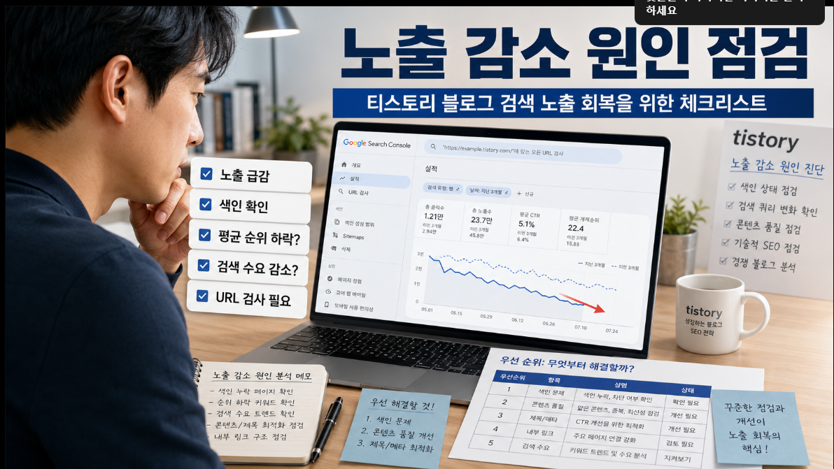 티스토리 블로거가 구글 서치 콘솔에서 검색 노출 감소 원인을 색인과 평균 순위 기준으로 점검하는 이미지