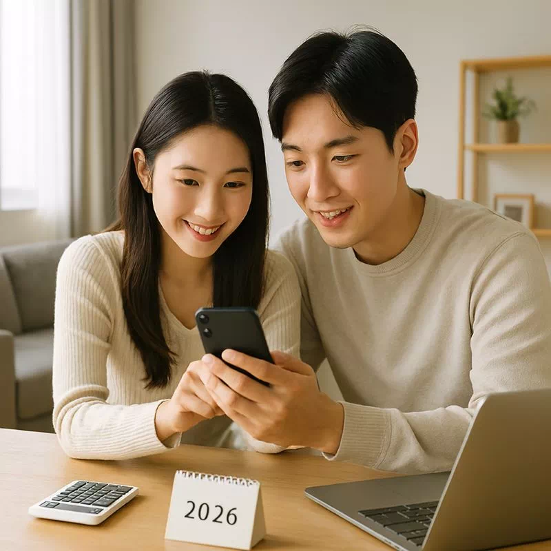 2026년 근로장려금 자격요건을 확인하며 지급액을 계산하는 젊은 맞벌이 부부