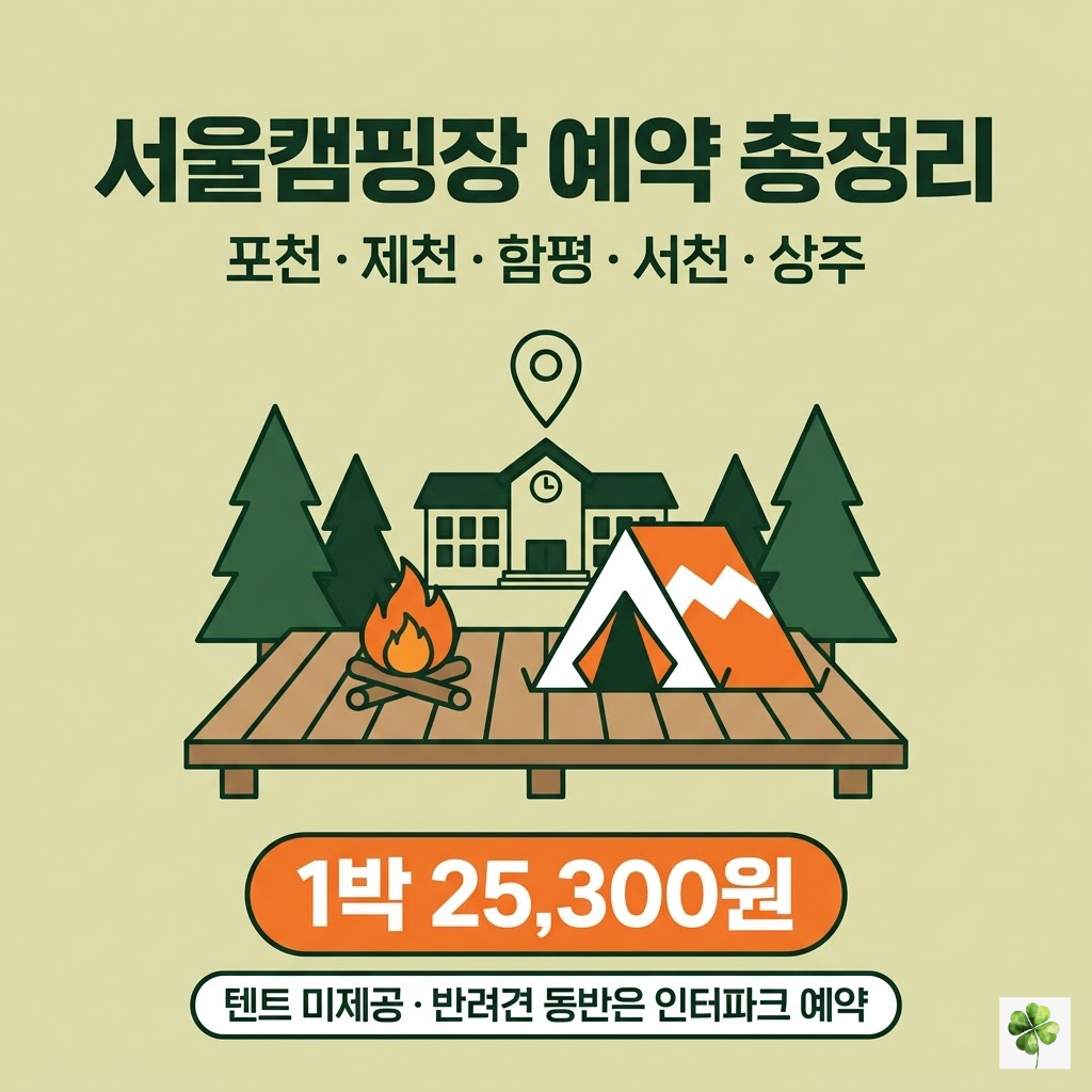 서울캠핑장 예약 방법 총정리 썸네일 – 포천 제천 함평 서천 상주 5곳 폐교 캠핑장 1박 25300원 텐트미제공 반려견동반 인터파크 예약 안내