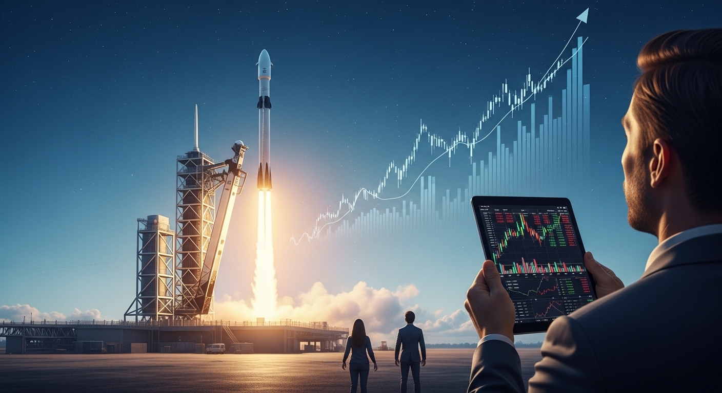 2026년 SpaceX 상장 가능성을 탐색하며, 우주로 발사되는 로켓과 상승하는 주식 차트가 중첩된 미래 지향적인 이미지.