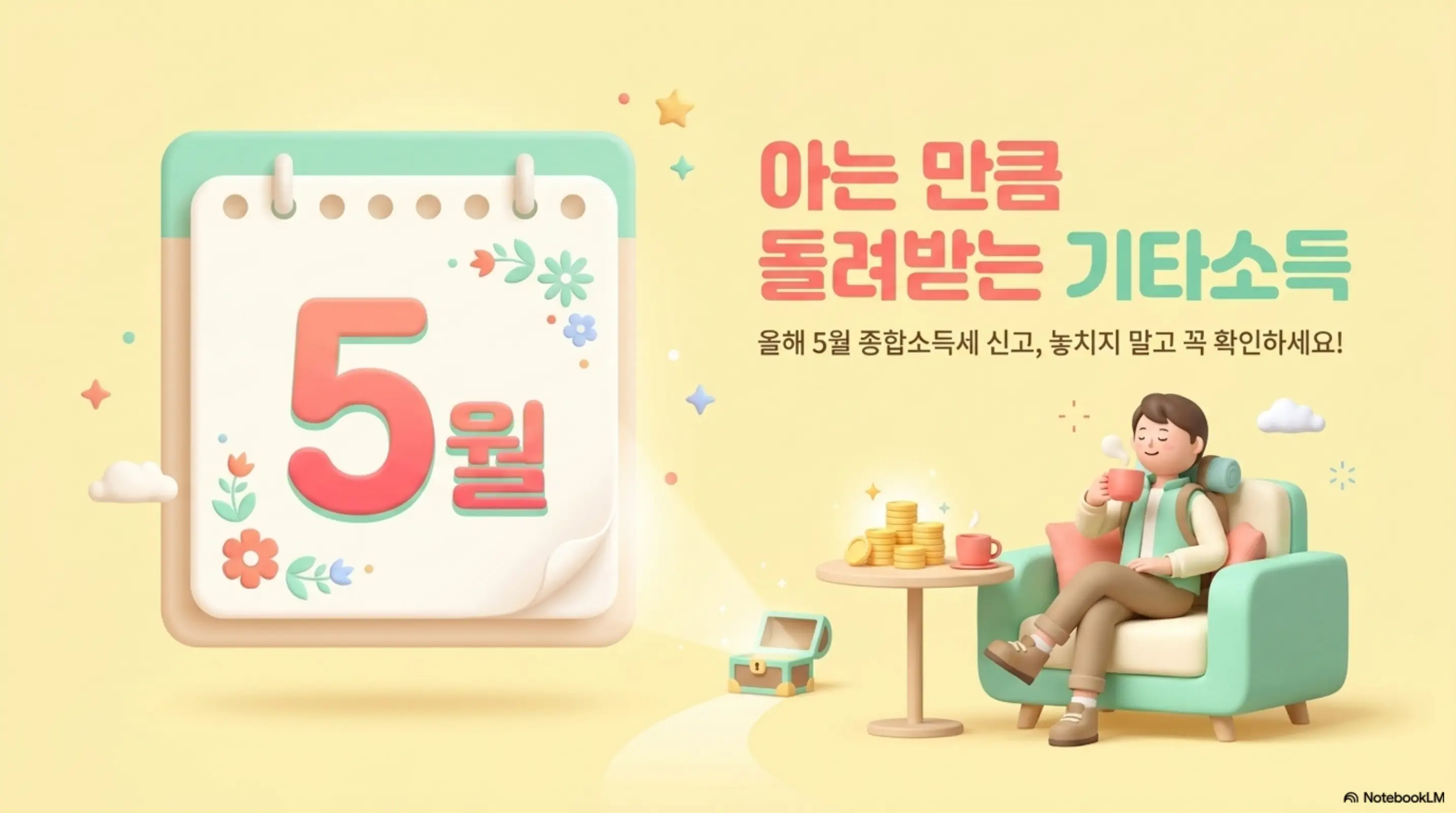 기타소득: 5월 달력과 함께 아는 만큼 돌려받는 기타소득이라는 문구를 보여주는 인포그래픽 이미지. 이 이미지는 올해 5월 종합소득세 신고 시 기타소득을 놓치지 말고 꼭 확인해야 한다는 핵심 메시지를 시각적으로 전달하며&amp;#44; 블로그의 기타소득 분리과세 핵심 정리와 관련된 내용을 설명함 