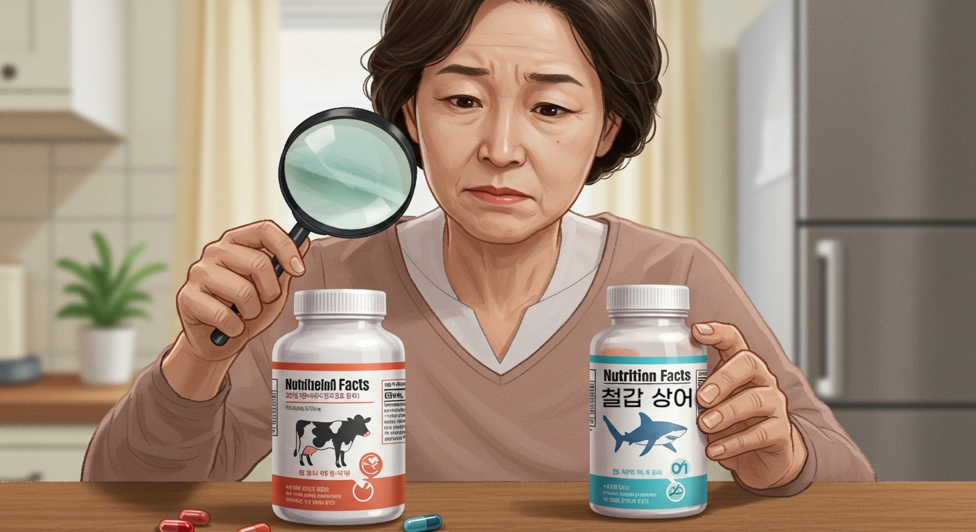한 소비자가 소 연골과 상어 연골 콘드로이친 제품의 성분을 비교하며 고민하는 모습.