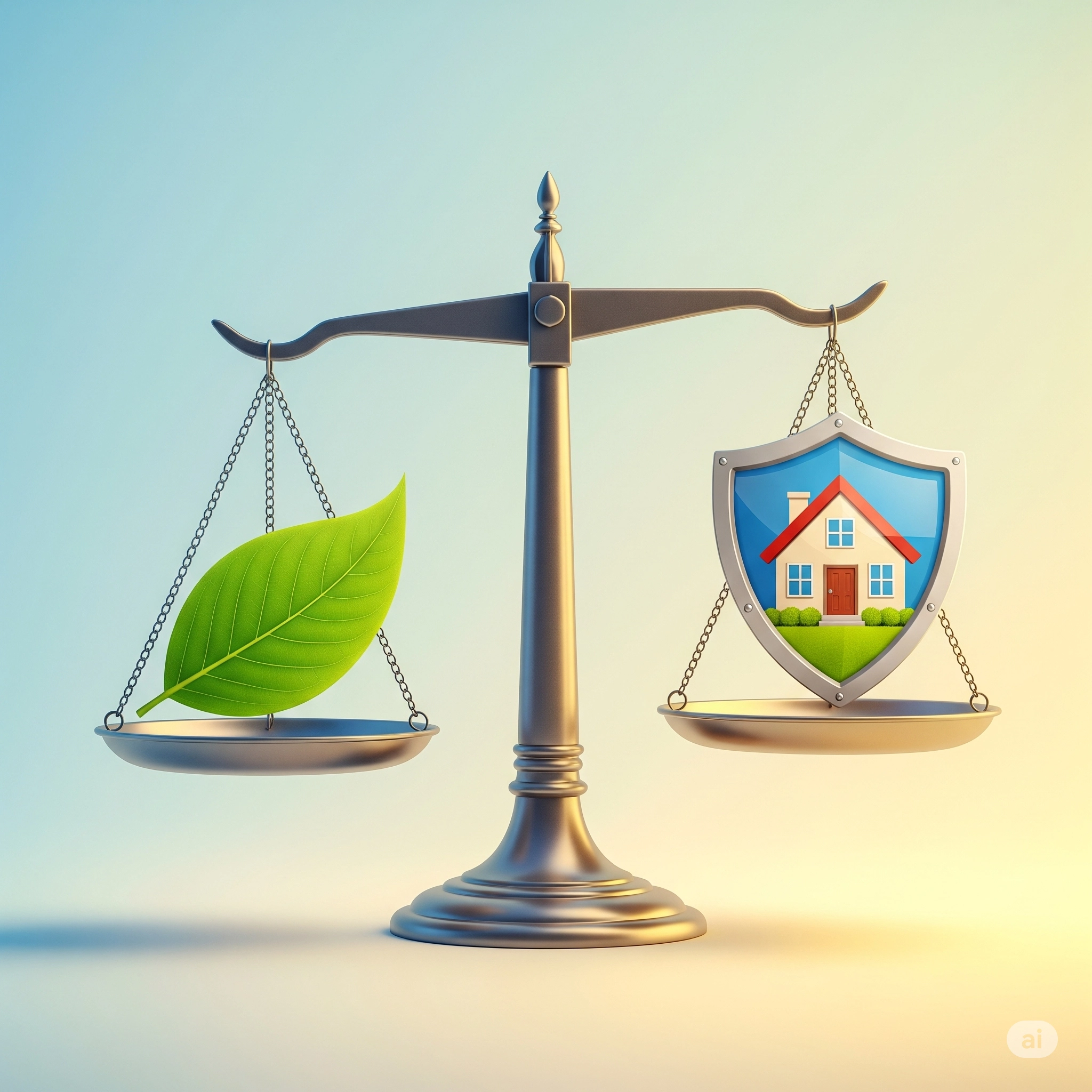 균형을 맞춘 저울의 한쪽에는 환경 보호를 상징하는 녹색 잎사귀가, 다른 한쪽에는 가계 보호를 상징하는 집 모양 방패가 놓여 있는 이미지