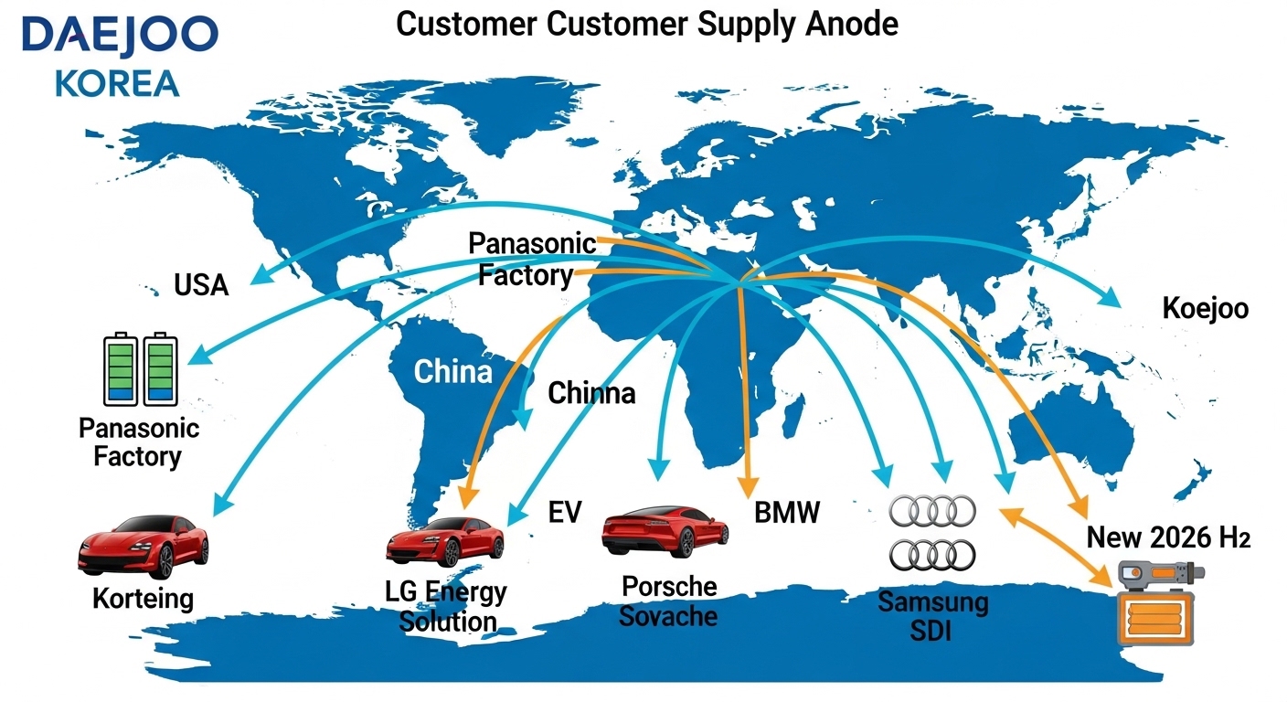 Global customer supply chain map for Daejoo silicon anode. Korea hub Daejoo logo. Arrows to: Japan Panasonic battery factory → USA Tesla EV red car icon (replacing China source). Korea LG Energy Solution → Porsche Taycan icon. Korea Samsung SDI → BMW Audi icons. New 2026 H2: power tool battery orange icon. Blue supply chain network style. English labels only.
