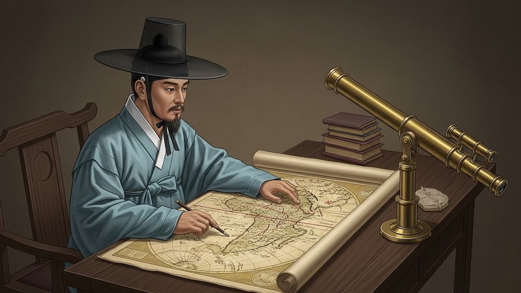조선시대 학자가 곤여만국전도, 망원경 등 서양 천문학 도구를 보며 지동설과 무한 우주론에 대해 깊이 고민하는 모습을 묘사한 이미지.