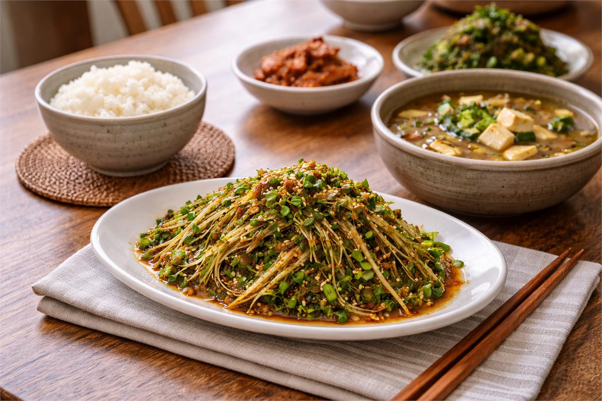 집밥 반찬으로 냉이무침을 올린 한국 가정 식탁 