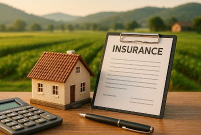 시골 풍경 속 전원주택 모형, 보험 서류, 계산기와 펜이 함께 놓인 장면