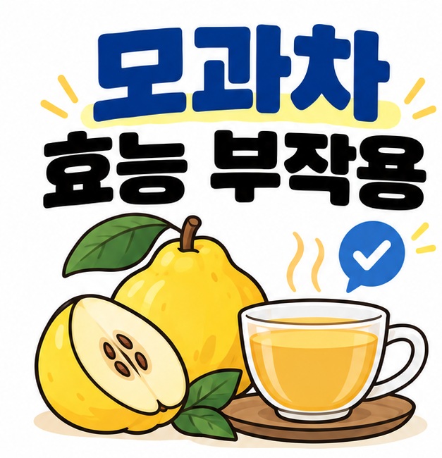 모과차 효능 부작용 문구와 노란 모과 열매, 따뜻한 찻잔, 체크 아이콘을 보여주는 대표 카드