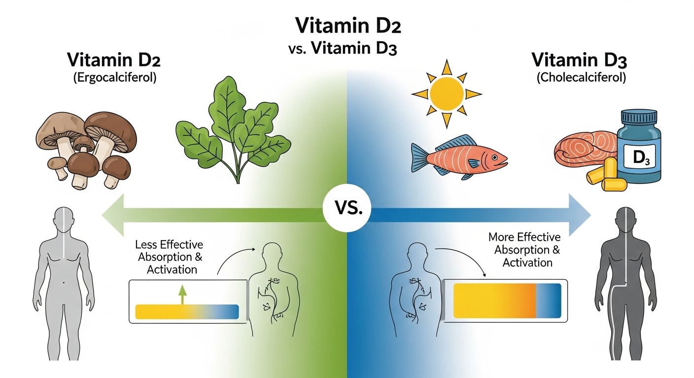 비타민 D2와 D3의 차이를 보여주는 인포그래픽: 햇빛, 생선, 영양제에서 얻는 D3가 식물성 D2보다 체내 활성도가 높음을 시각적으로 설명.