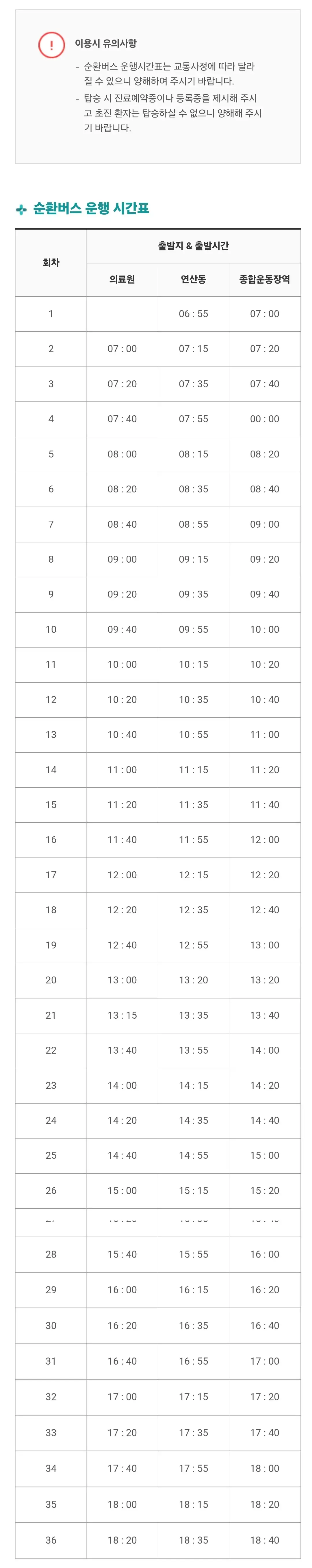 거제동 부산의료원 무료 셔틀버스, 셔틀승합차 노선, 운행시간표