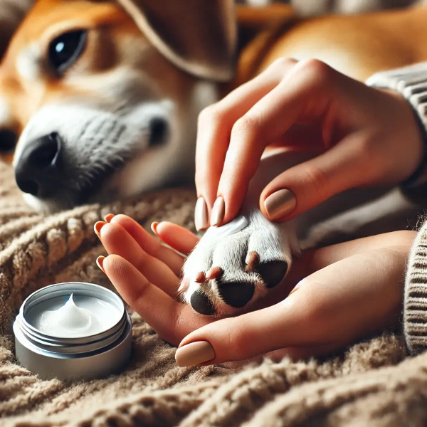 작은 강아지가 옆으로 누워 있고 사람이 발바닥에 보습 밤을 바르는 장면, 부드러운 담요 배경