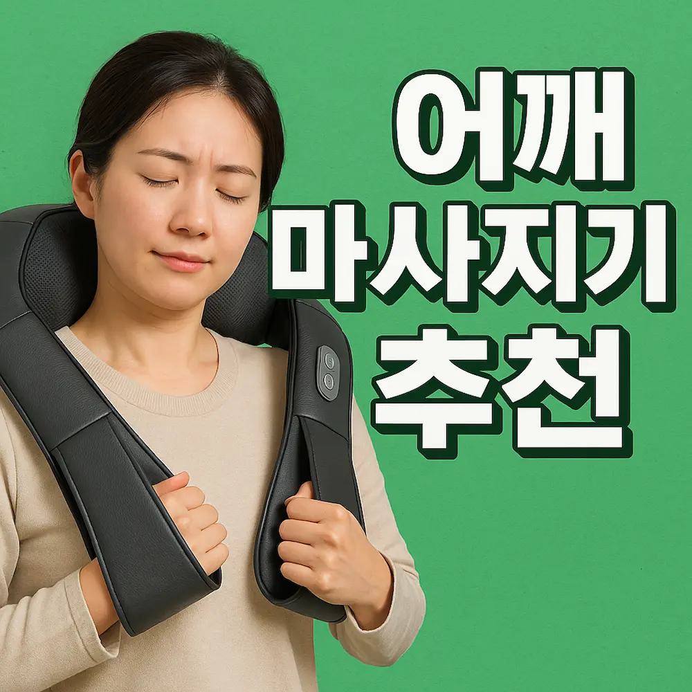 어깨에 마사지기를 착용한 여성과 '어깨 마사지기 추천' 문구가 있는 썸네일 이미지
