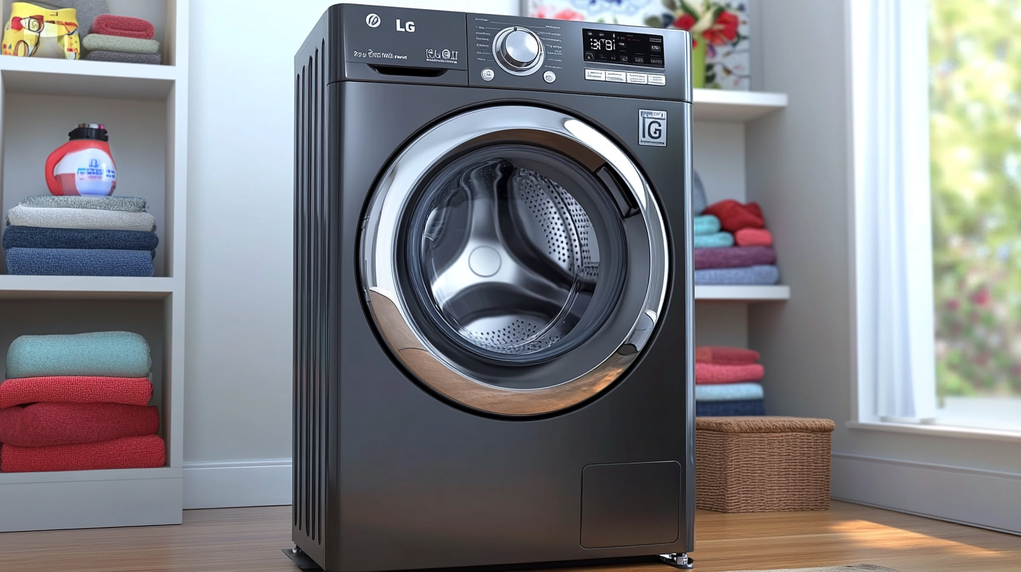 소형 도시 아파트에 설치된 현대적이고 세련된 LG 워시타워 세탁기 및 건조기 조합, 공간 절약 디자인과 미니멀한 미학을 강조하는 장면