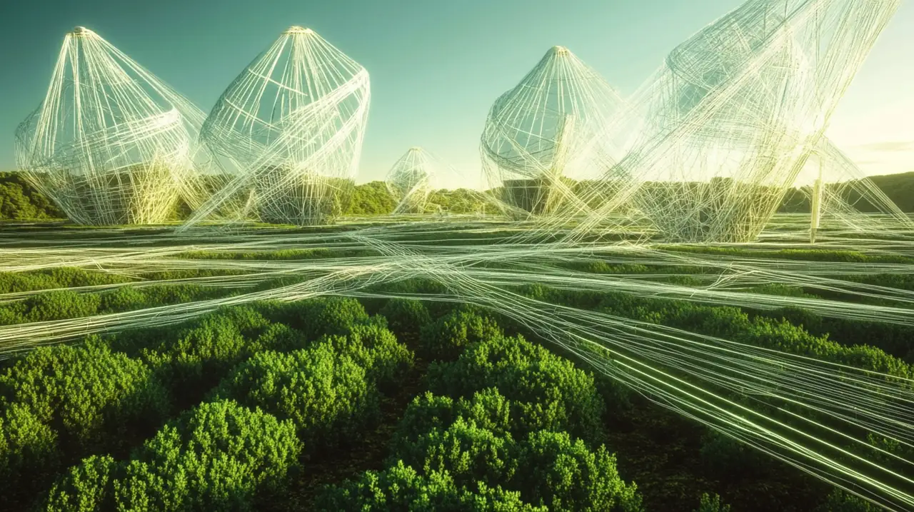 지속 가능한 스마트 그리드가 고급 기술과 녹지 공간의 조화로 미래 지향적 분위기를 만들어냅니다.