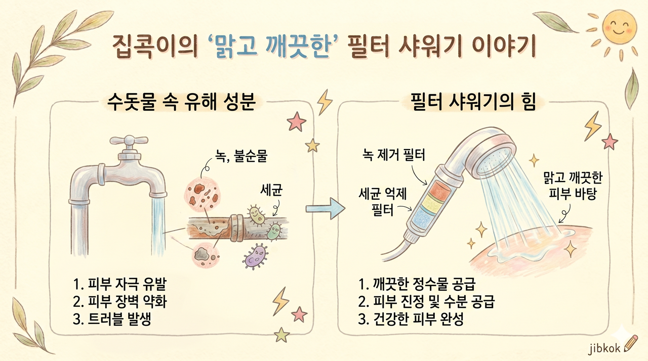 집콕이가 색연필로 직접 그린 수돗물 녹물 염소 차단 샤워기 필터 썸네일 (Jibkok's colored pencil drawing shower filter thumbnail)
