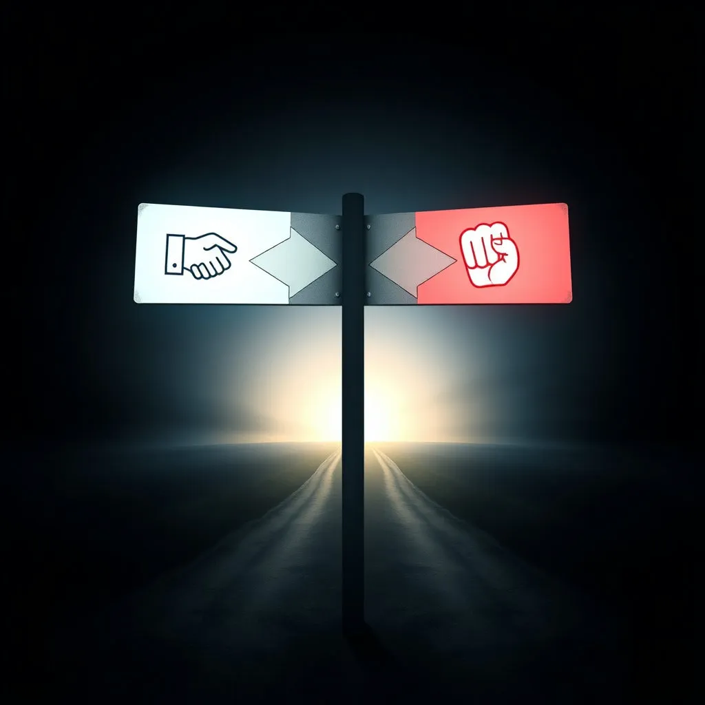 겹쳐진 두 개의 갈림길 표지판 중 한쪽은 악수하는 손, 다른 한쪽은 주먹 쥔 손을 가리키는 이미지나, 어둠 속에서 빛을 향해 나아가는 두 갈래의 길을 통해 미래의 선택지를 보여줄 수 있습니다. 최근 2025년 5월 12일 미중 무역협상 진전 내용과 같이 협력의 가능성을 모색하는 움직임도 있기 때문입니다.