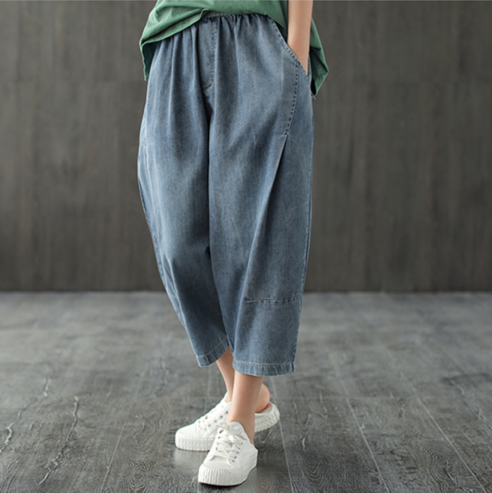 여성 배기핏 고무줄 7부 여름 청바지