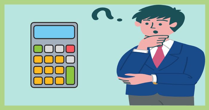 “커다란 계산기를 보고 궁금해하는 직장인 남성 일러스트”