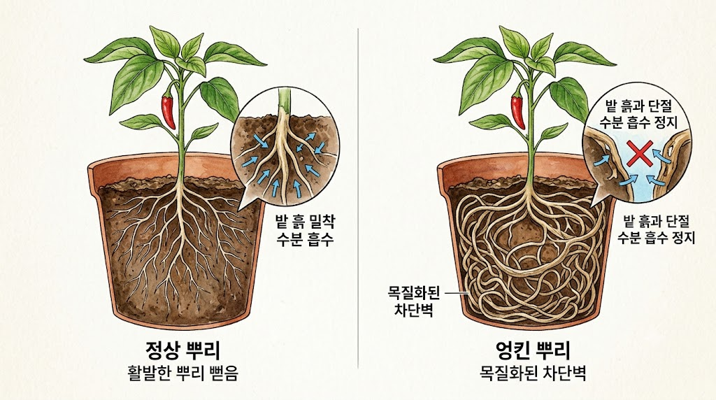 포트 벽면을 따라 둥글게 뭉친 고추 뿌리가 밭 흙과 단절되어 물을 흡수하지 못하는 상태를 대조한 인포그래픽