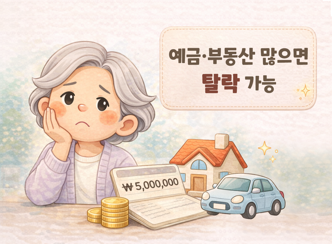 기초연금 탈락 기준 설명 이미지｜예금 부동산 자동차 등 재산이 많으면 소득으로 환산되어 탈락 가능성 증가
