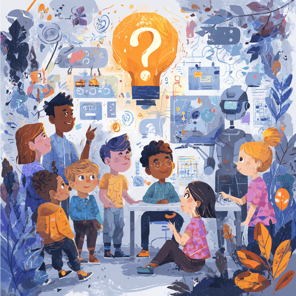 AI 시대의 교육 혁신을 상징하는 이미지. 아이들이 교사와 함께 즐겁게 질문하며 인공지능과 상호작용