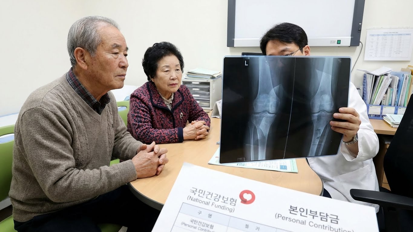 노부부가 병원 상담실에서 의사와 무릎 엑스레이를 보며 상담하는 모습.