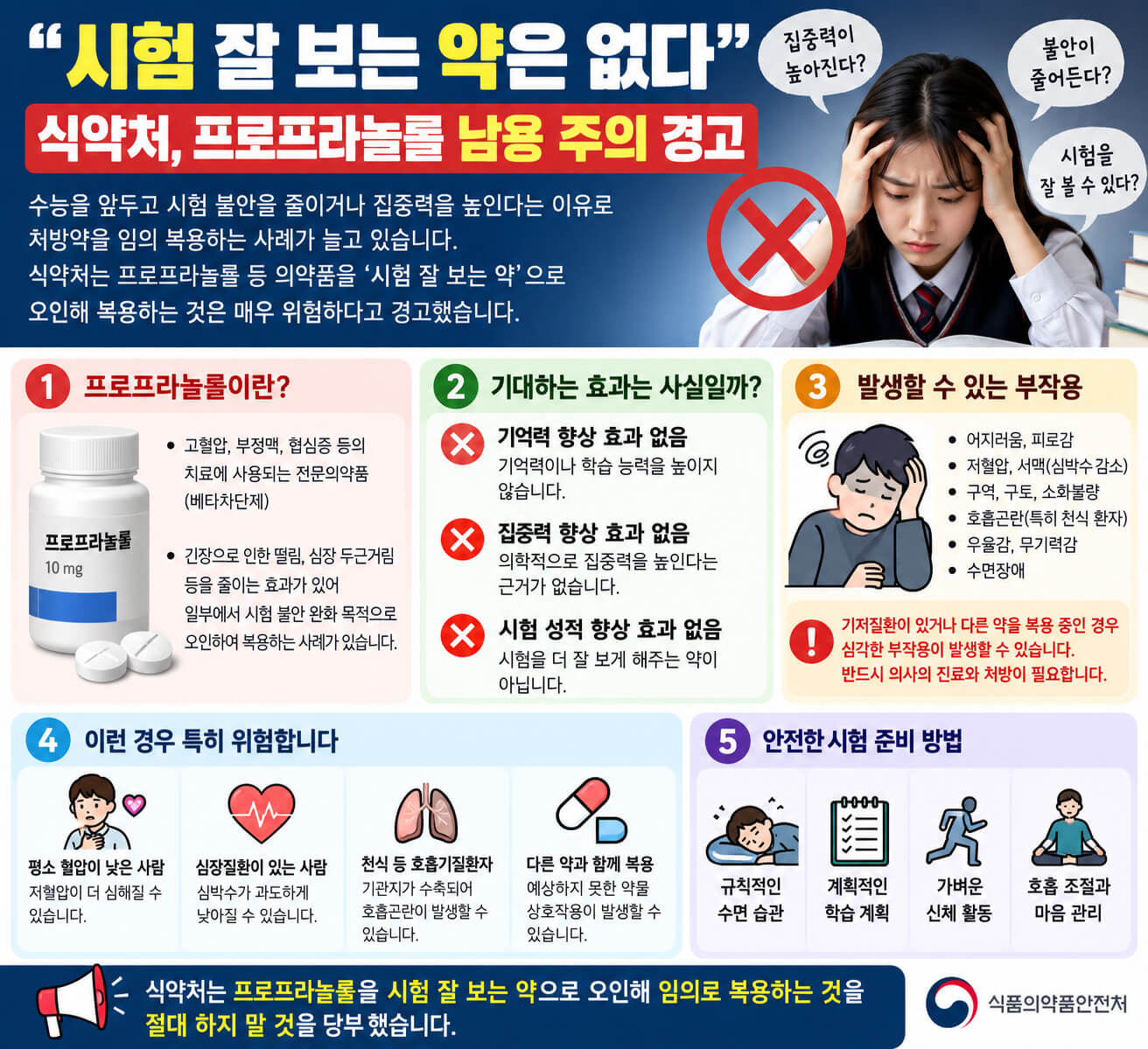 시험 잘 보는 약 없다, 프로프라놀롤 부작용과 식약처 경고 안내 이미지