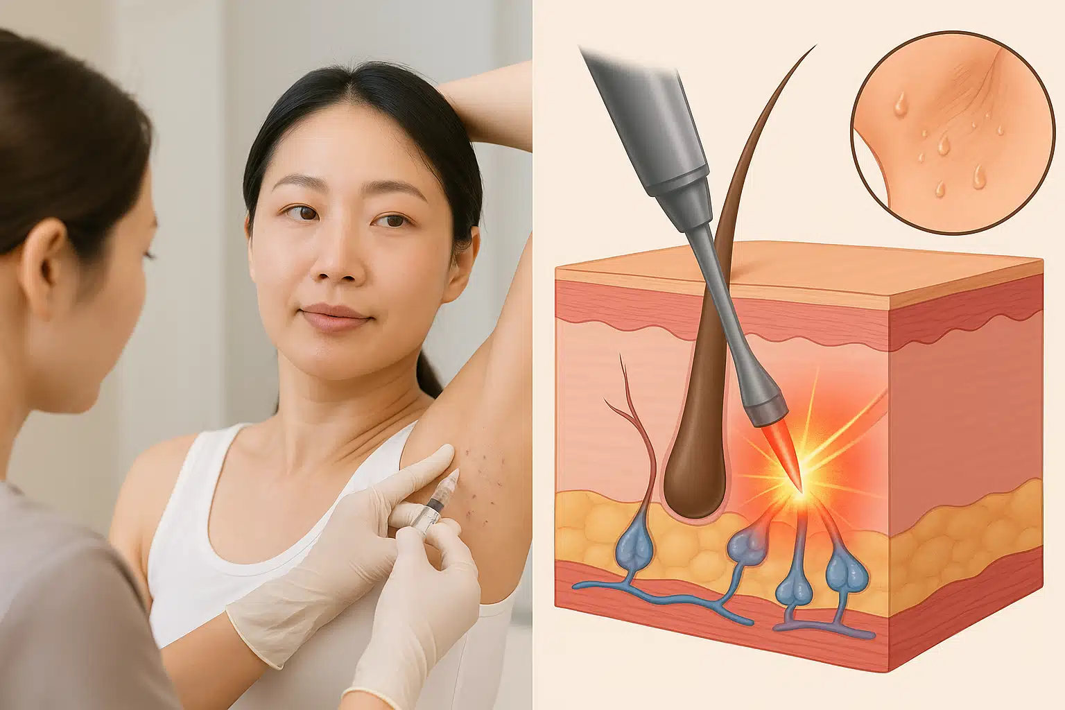 보톡스 주사 시술 장면, 레이저·고주파로 땀샘을 제거하는 의료 일러스트