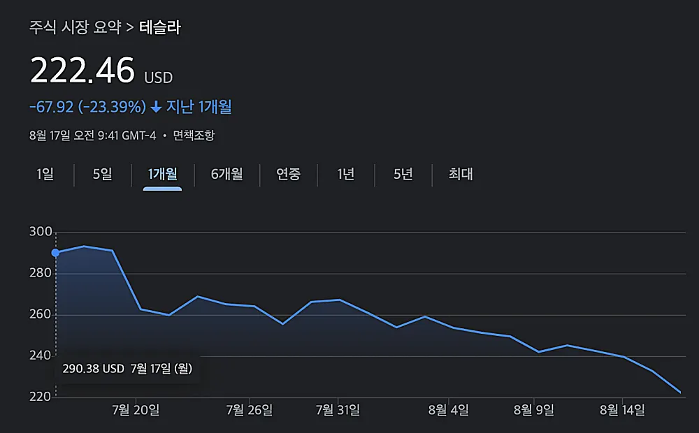 테슬라-최근-1개월-주가