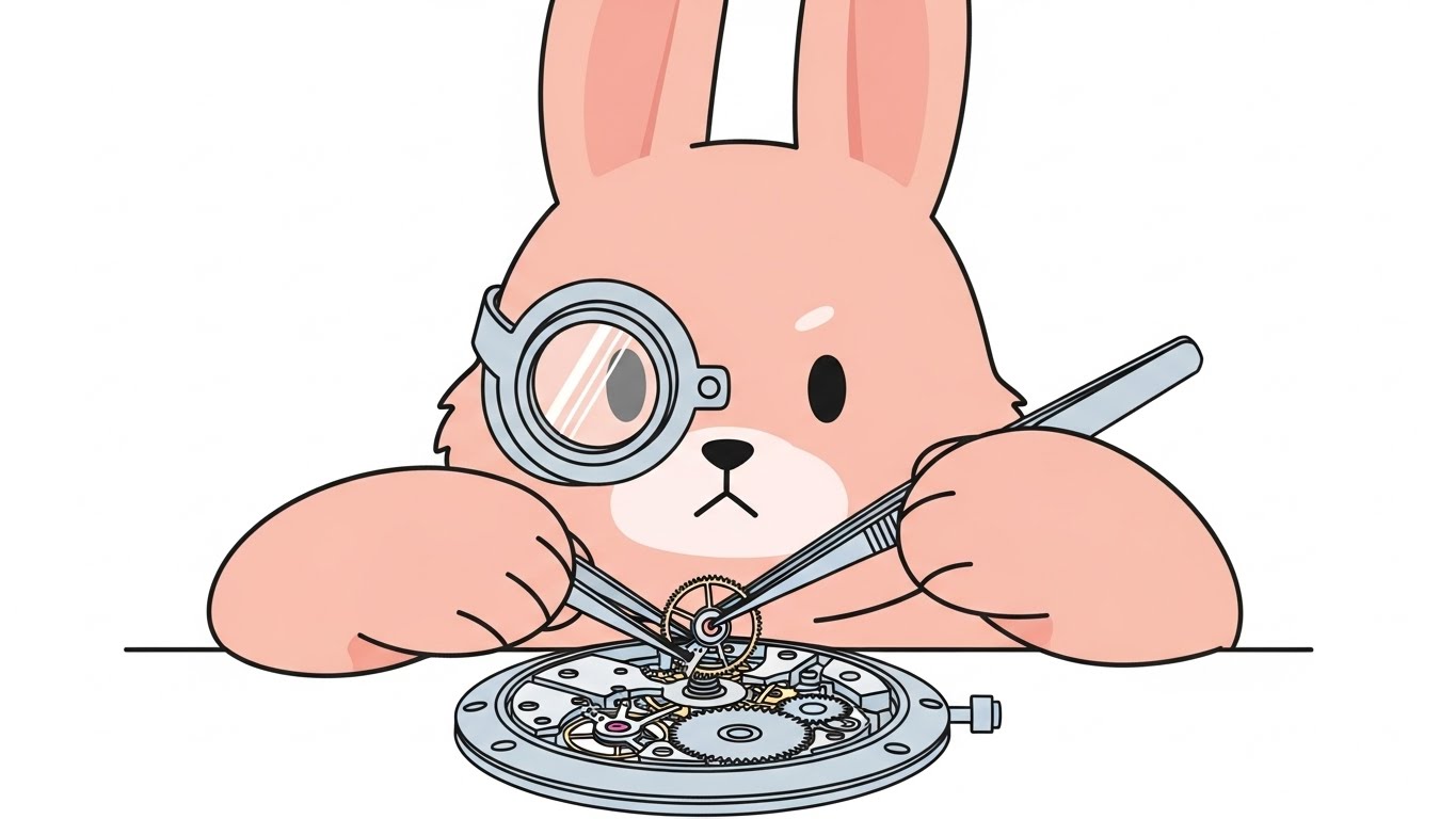 핀셋으로 정교한 시계 부품을 조립하며 섬세하게 작업하는 토끼 캐릭터 일러스트