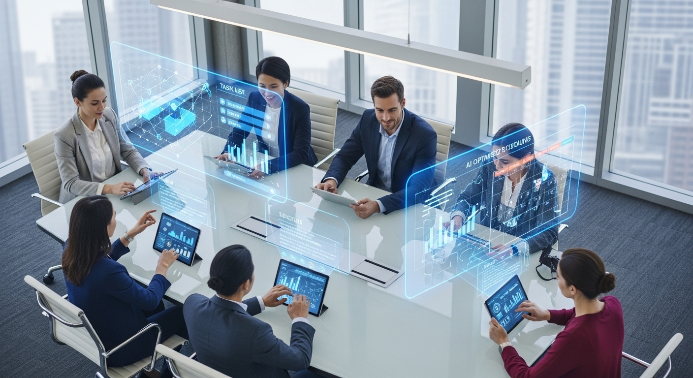 AI 기반 스케줄러와 협업 도구를 활용하여 팀원들이 효율적으로 소통하고 회의를 관리하는 모습