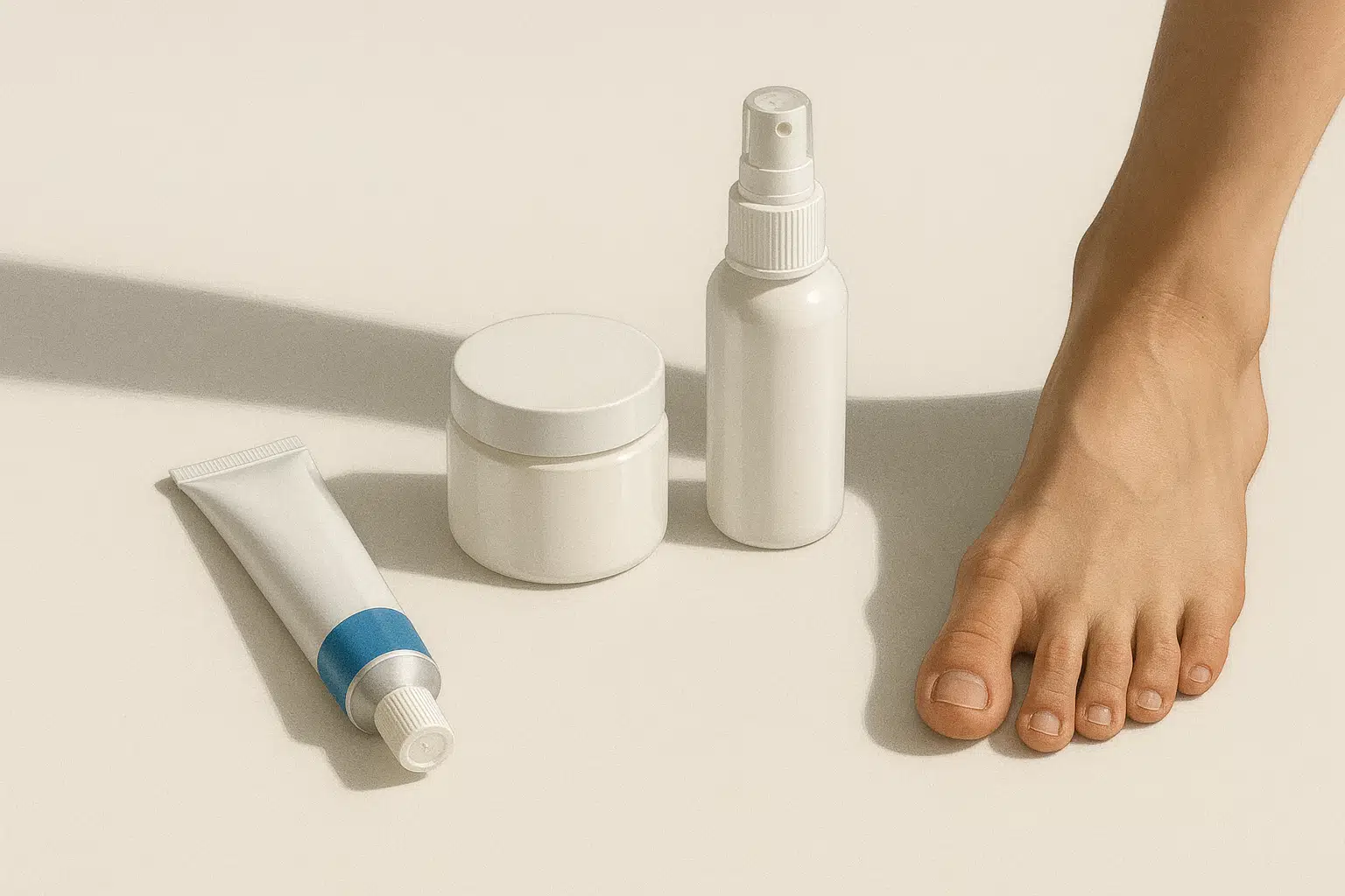 책상 위에 연고 튜브, 크림 통, 스프레이 약병이 나란히 놓여 있고, 옆에 발 그림자가 함께 표현된 장면