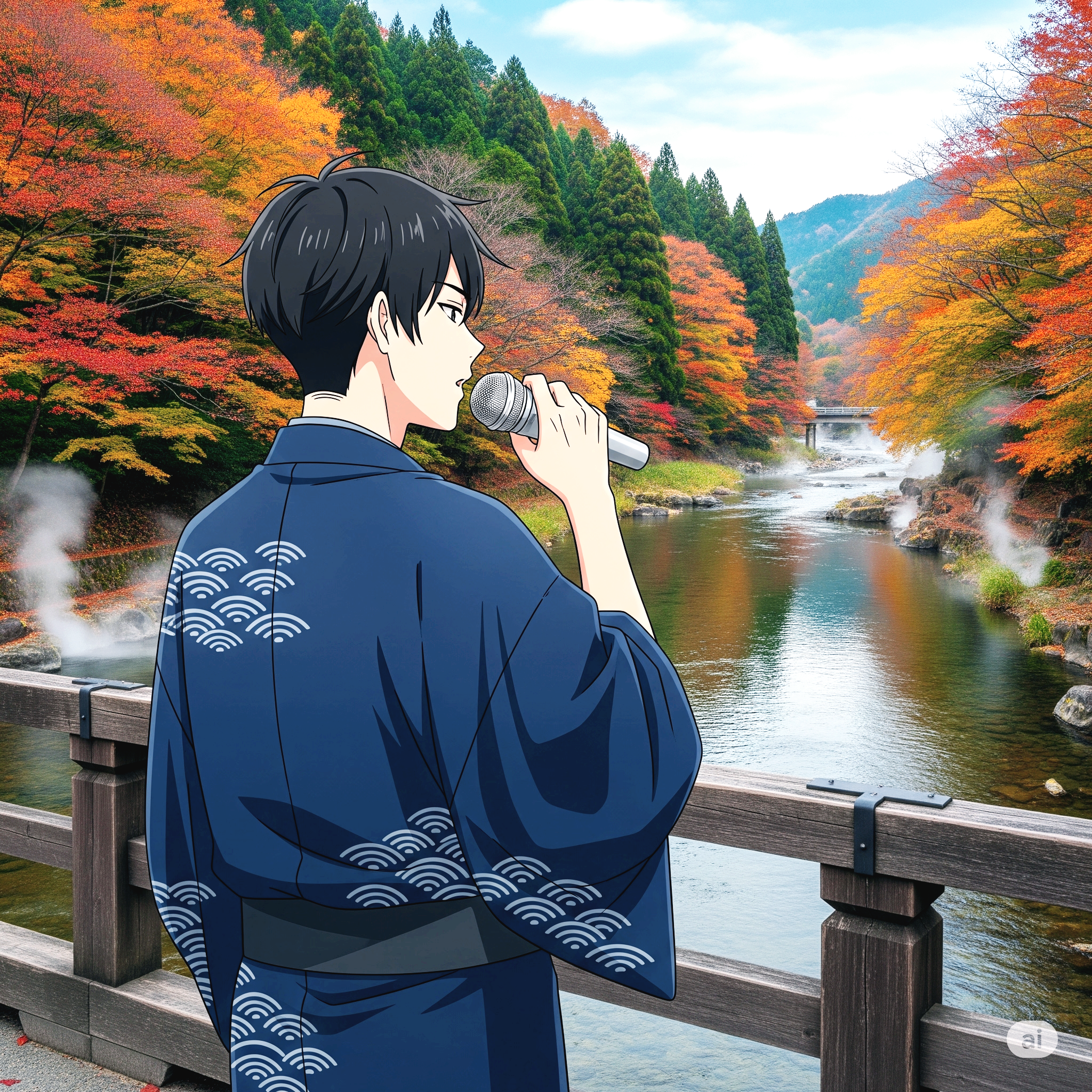 온천을 바라보며 노래하는 남자