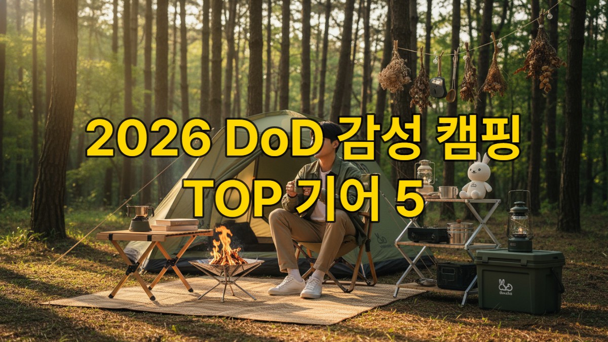 2026년 최신 디오디 감성 캠핑 기어들로 꾸며진 아늑하고 세련된 캠핑 사이트에서 미소 짓는 한국인 초보 캠퍼