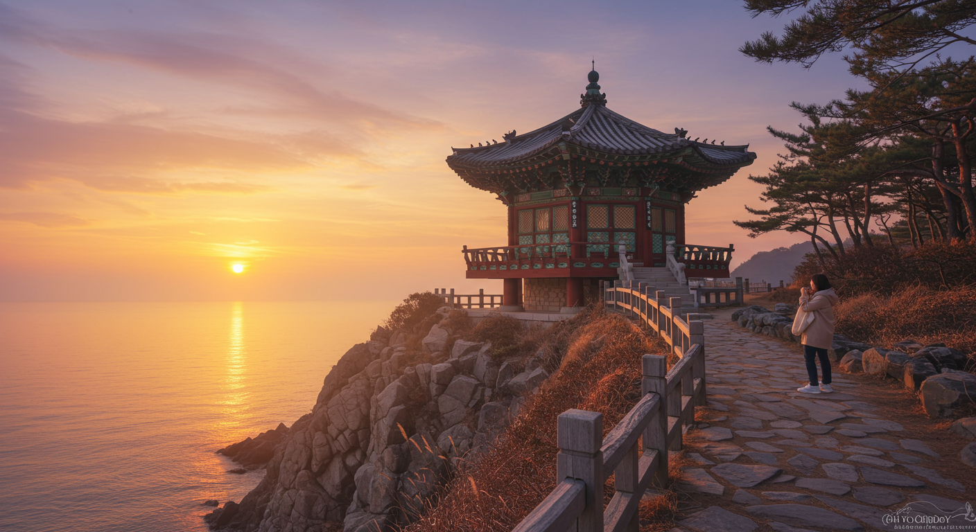 양양 낙산사 의상대에서 바라본 일출 또는 일몰 바다 풍경.