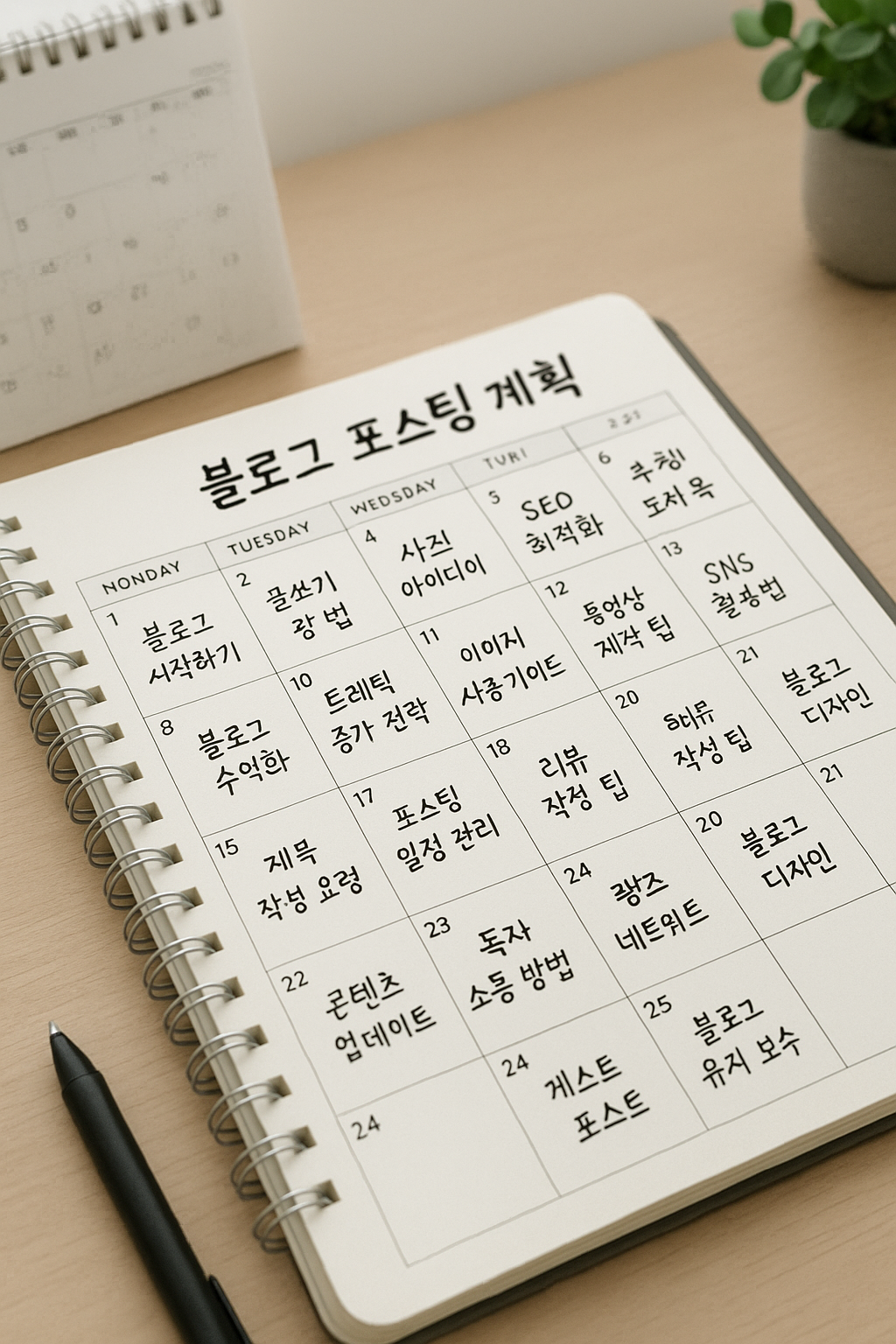 콘텐츠 캘린더를 활용하여 블로그 글 주제를 체계적으로 관리하는 모습