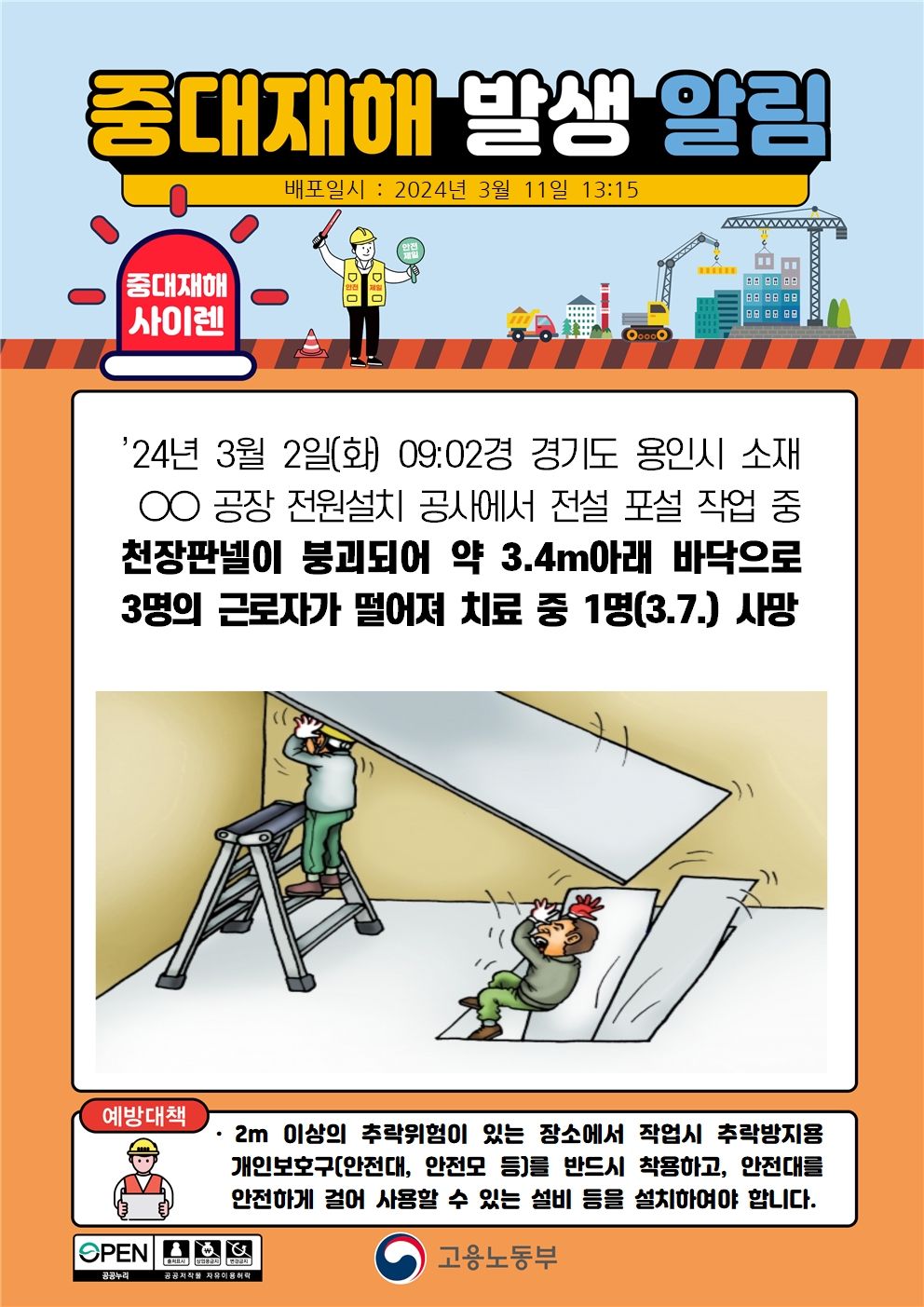 전설 포설 작업 중 천장판넬이 붕괴되어 떨어짐(3.4m)