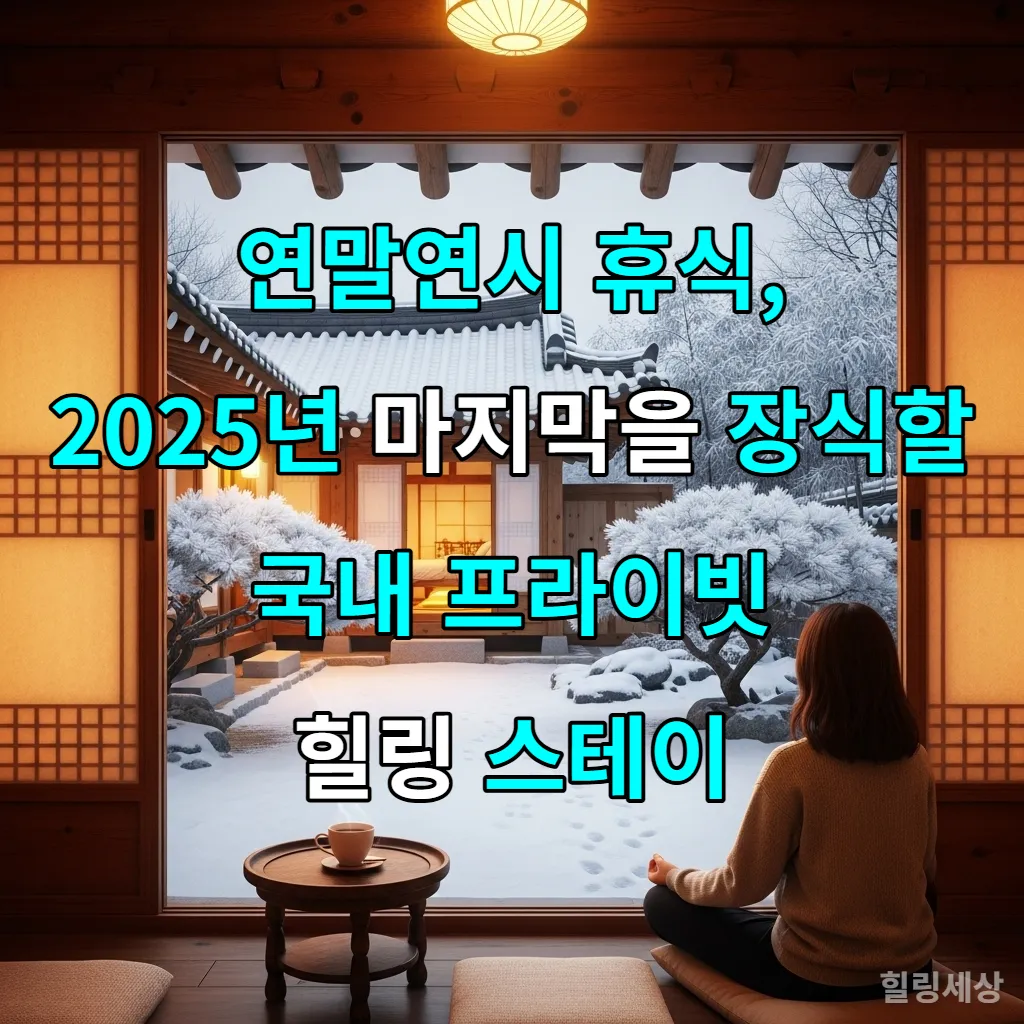 눈 내리는 겨울날, 따뜻한 빛이 새어 나오는 고즈넉한 한옥 프라이빗 힐링 스테이 전경