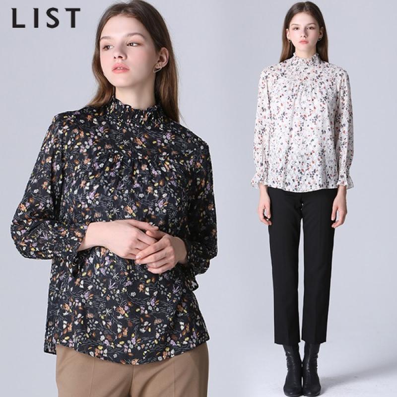리스트 플로럴 스모킹 하이넥 블라우스
