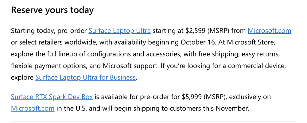 Windows 블로그의 Reserve yours today 문단: 서피스 랩탑 울트라는 $2,599부터 사전예약, 10월 16일부터 이용 가능, 데브 박스는 $5,999로 미국 마이크로소프트닷컴 한정, 11월 배송