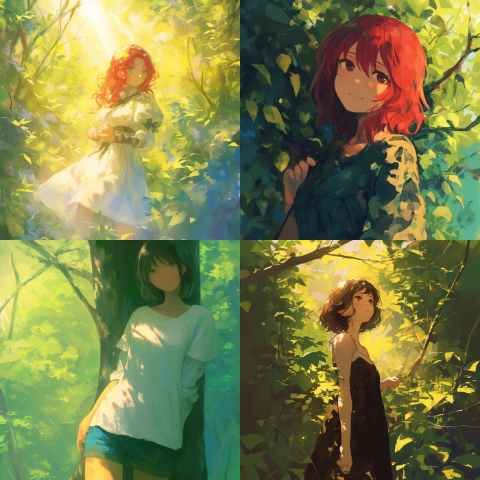 Pastel colored vintage style:: girl with red hair:: stands in the forest::3 --niji 6