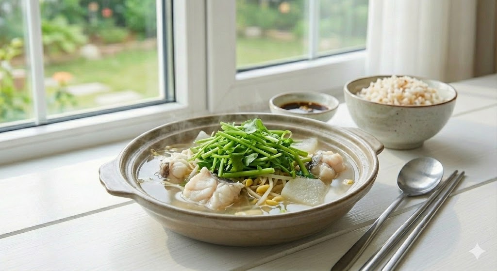 뽀얀 복국 위에 수북이 쌓여 국물의 시원함과 해독 작용을 돕는 향긋한 미나리