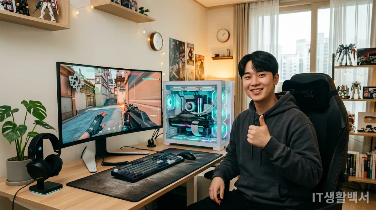 고사양 게임이 실행되는 모니터 앞에서 만족스러운 표정을 짓고 있는 게이머의 모습