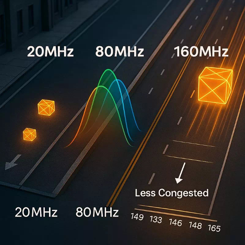 와이파이 채널 폭 20MHz, 80MHz, 160MHz를 좁은 도로와 넓은 고속도로 차선에 비유하여 데이터 전송량을 시각적으로 비교하는 도표
