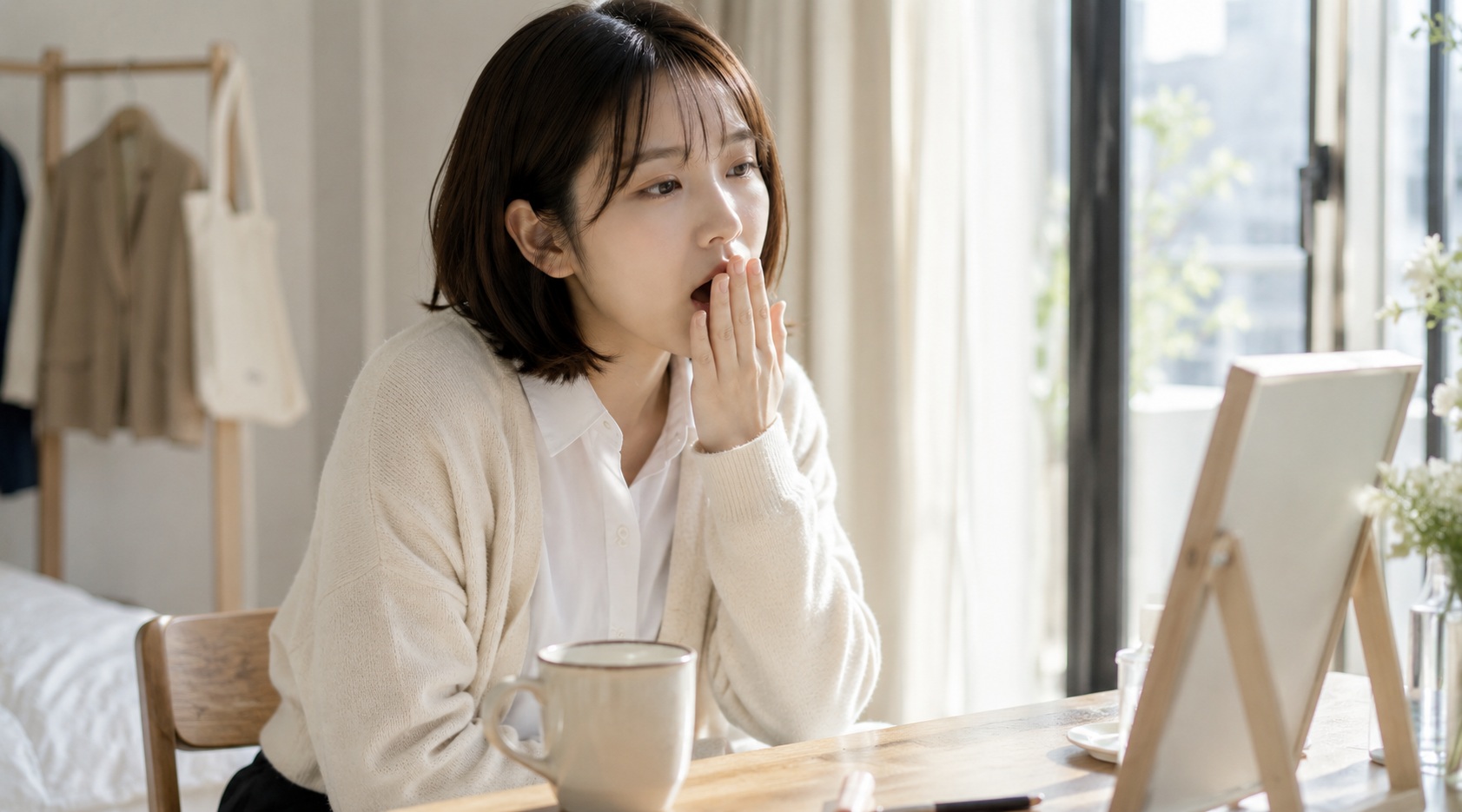 아침 피로와 낮 졸림으로 하품하는 여성