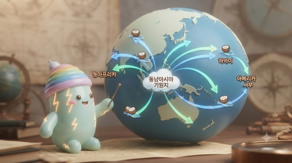 쫀쿠가 지구본 앞에서 코코넛의 확산 경로를 설명합니다. 인도양과 태평양이 만나는 동남아시아 열대 해안(기원지)에서 시작된 코코넛 열매가 스스로 바다에 떠서 해류를 타고 전 세계 열대 해안으로 퍼져나가는 모습이 입체적인 화살표로 시각화되었습니다. 파도 위를 둥둥 떠다니는 코코넛 열매의 강인한 생명력이 귀엽게 표현되었습니다.