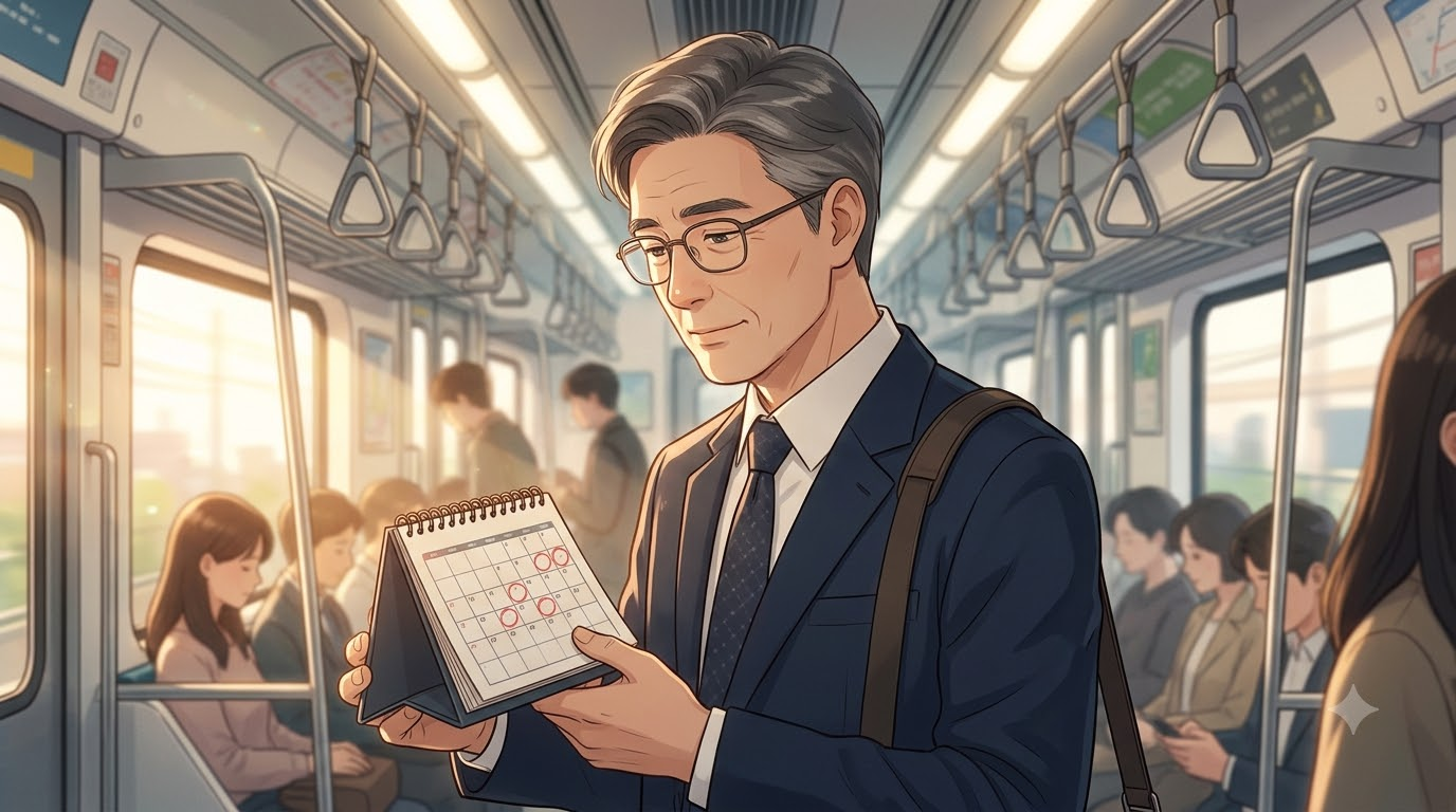 월요일 아침 출근길 지하철에서 월~금 칸에 동그라미가 그려진 탁상 달력을 들여다보는 50대 직장인