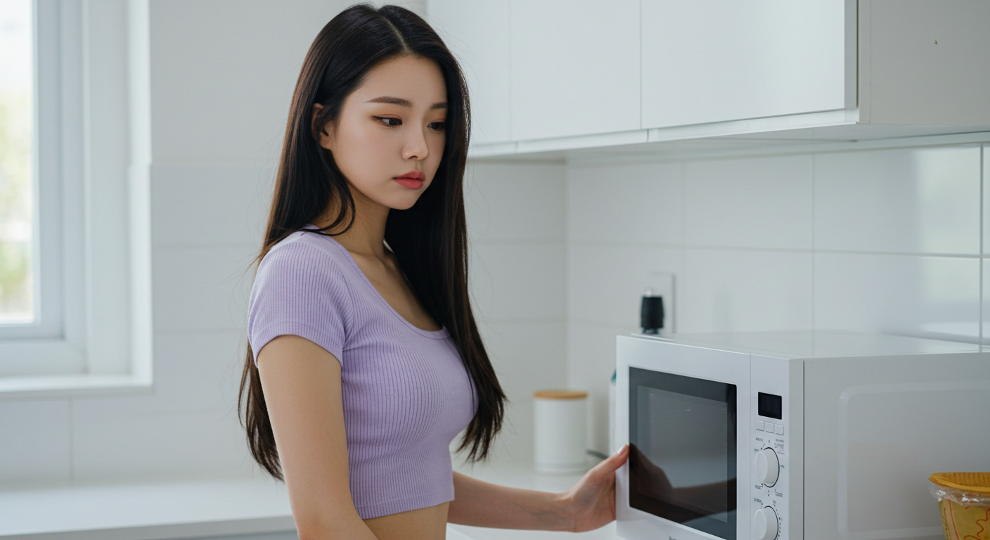 전자레인지를 작동하는 여성
