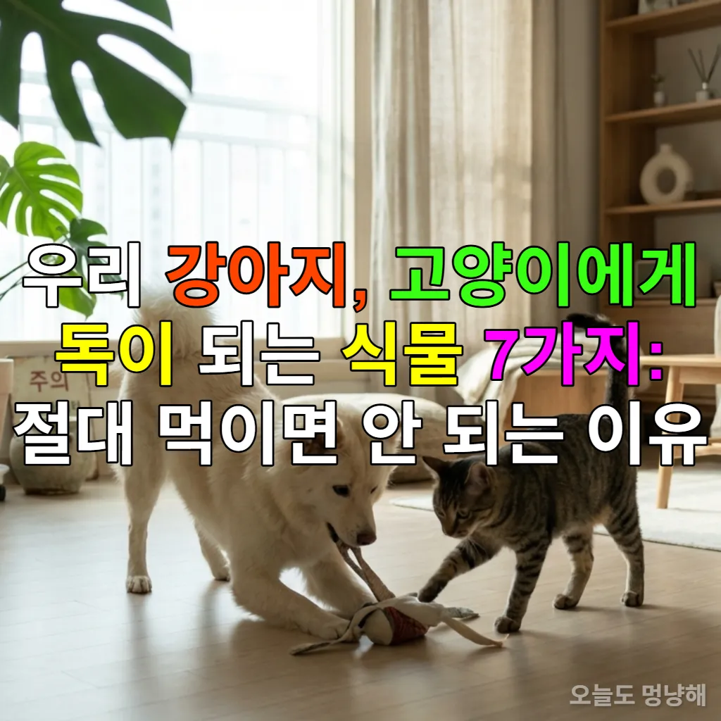 한국 아파트 거실에서 귀여운 강아지와 고양이가 독성 식물을 피해 안전하게 놀고 있는 모습